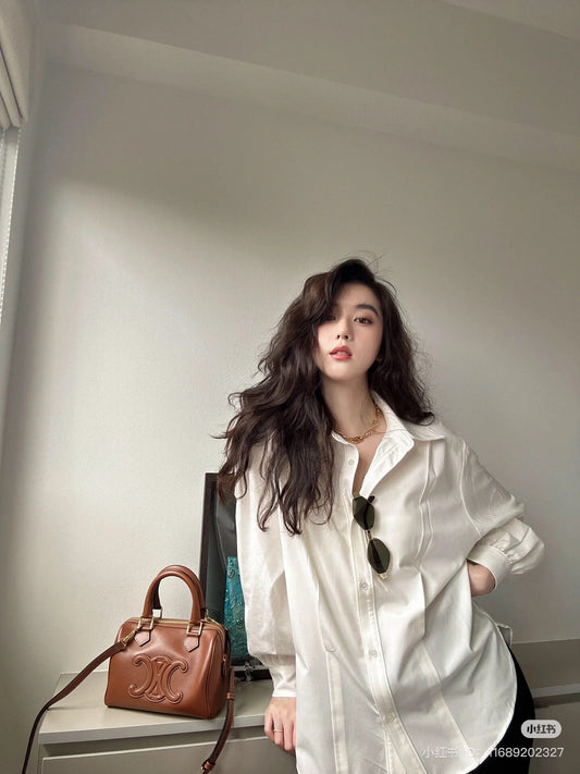 wearing CELINE SMALL BOSTON IN SMOOTH CALFSKIN TAN 113773DU3.04LU