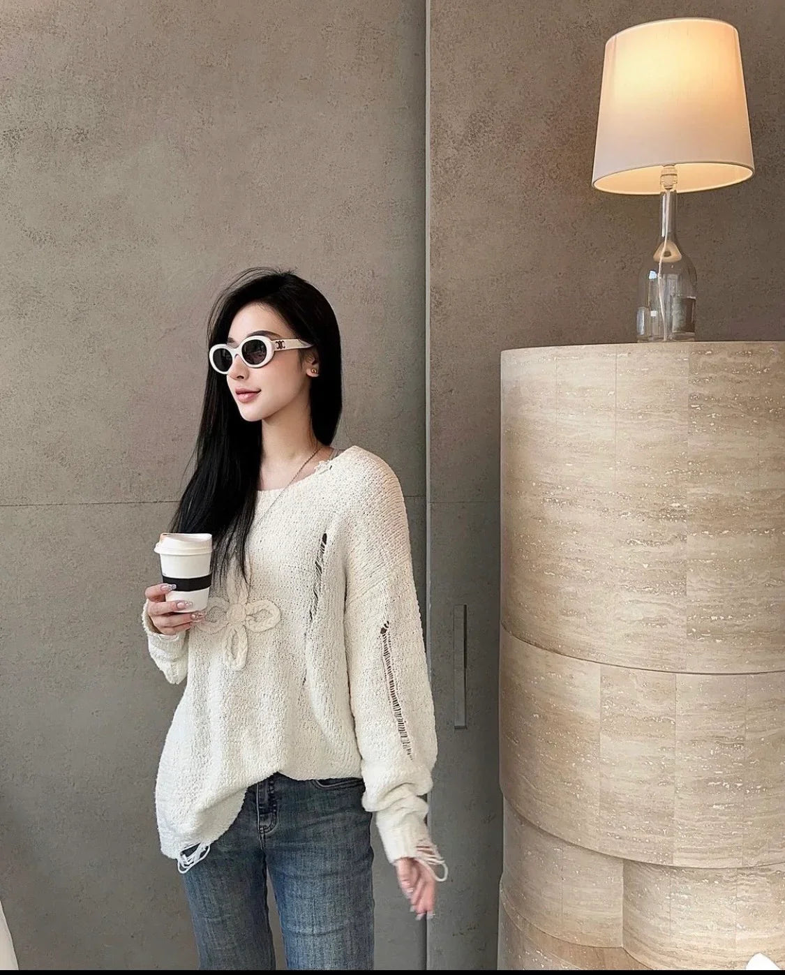 wearing CELINE TRIOMPHE 01 SUNGLASSES IN ACETATE WHITE 4S194CPLB.01BC