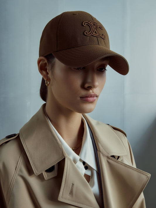 Women wearing a Celine Triomphe Baseball Cap in Cotton Gabardine Tiramisu 2AUG4234X.GAA7 and beige trench coat against a gray background