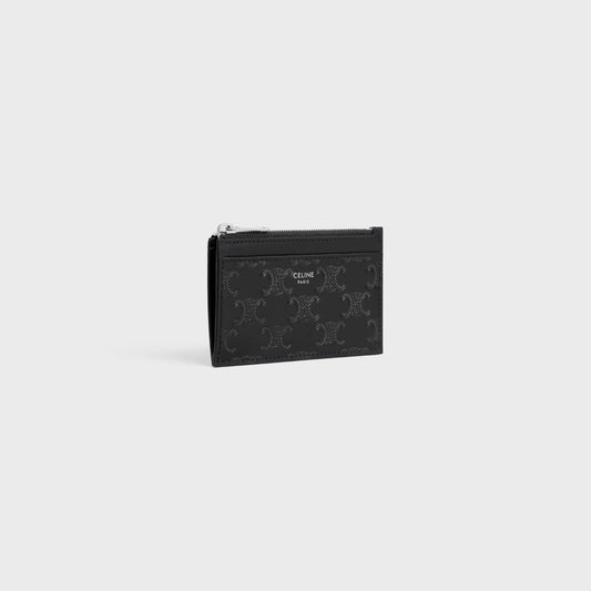 tổng thể ví đựng thẻ CELINE ZIPPED CARD HOLDER IN CALFSKIN WITH TRIOMPHE EMBOSSED BLACK 10F993FQD.38SI