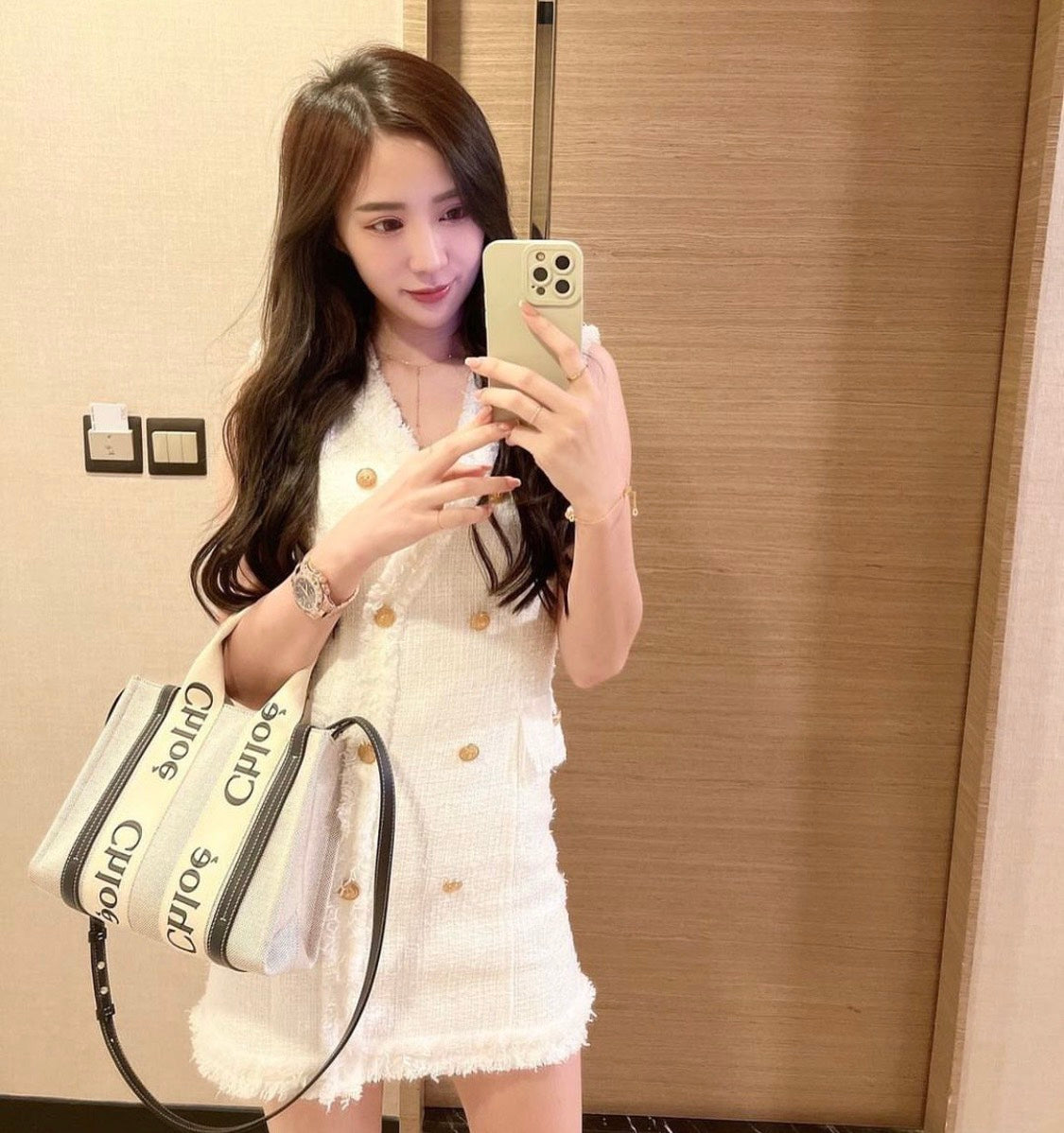 túi xách nữ CHLOE SMALL WOODY TOTE BAG WHITE & BLUE CHC22AS397I2691J authentic tại sài gòn, tp hcm