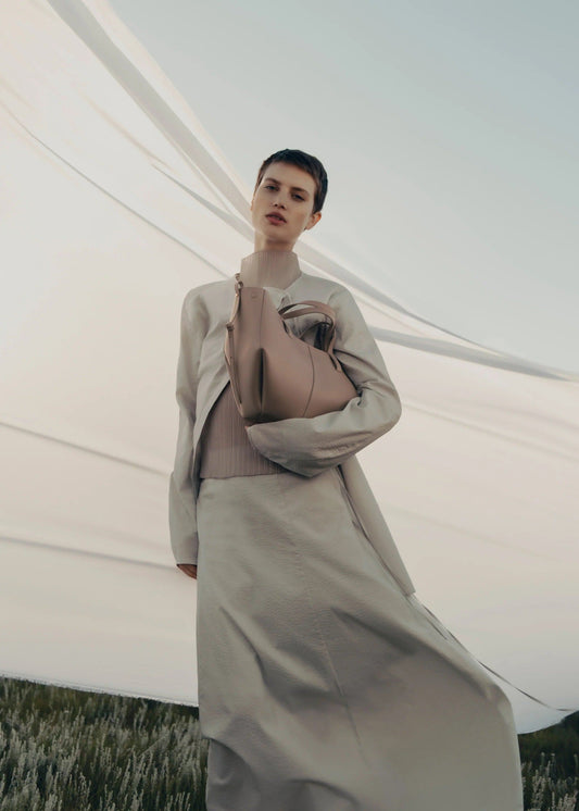 wearing CYME MINI EDITION TEXTURED TAUPE