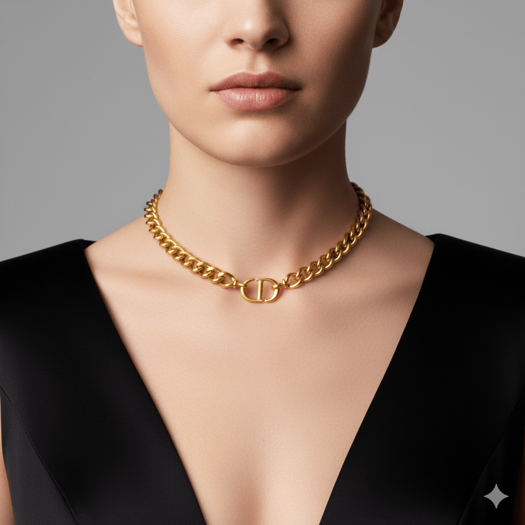 Dior CD Navy Choker Necklace worn by a model against a neutral background
