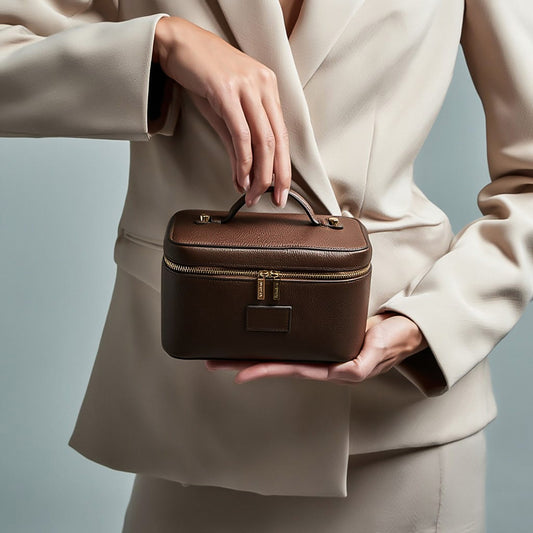 Person holding a Etoile Mini Vanity Case Espresso against a neutral background