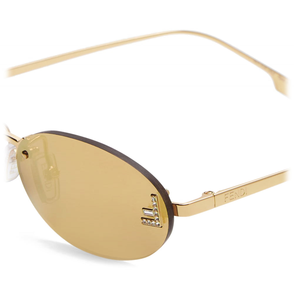 Fendi FE4075US 30L First Crystal Sunglasses Gold with a reflective lens on a white background