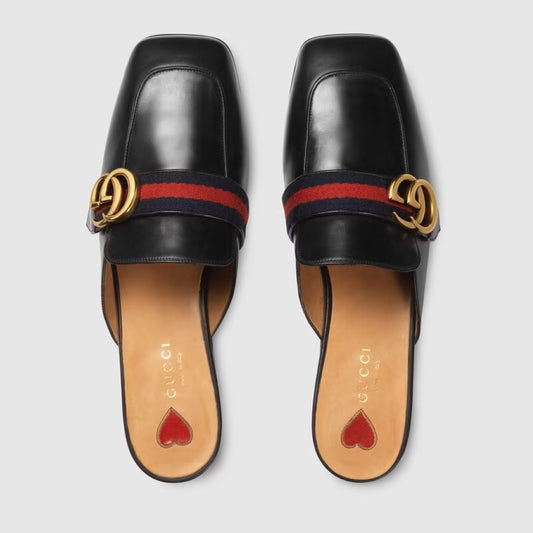 GUCCI DOUBLE G KNUCKLE BLACK LEATHER SLIPPER WITH BLUE AND RED WEB 423694 DKHCO 1061