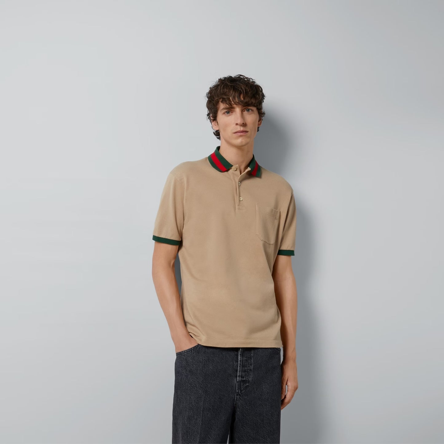 wearing GUCCI COTTON PIQUET POLO WITH WEB COLLAR IN BEIGE 701735 XJELJ 2219