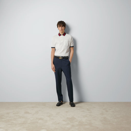 wearing GUCCI COTTON PIQUET POLO WITH WEB COLLAR IVORY 701735 XJELJ 9750