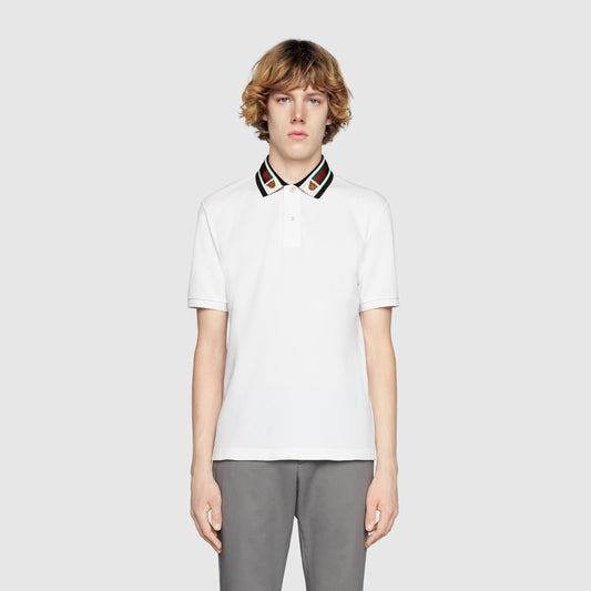 wearing GUCCI COTTON POLO WITH WEB AND FELINE HEAD WHITE 545714 XJAGU 9061