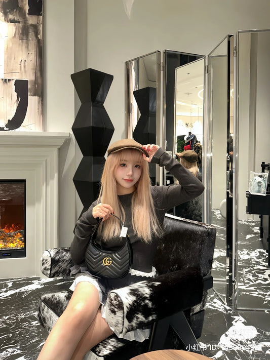 wearing GUCCI GG MARMONT HALF-MOON MINI BAG BLACK 699514 DTDHT 1000