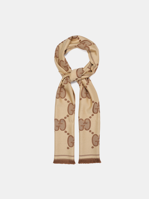 khăn quàng choàng GUCCI GG WOOL JACQUARD SCARF BEIGE AND BROWN 581537 3G200 9764 Blankroom hà nội, việt nam.