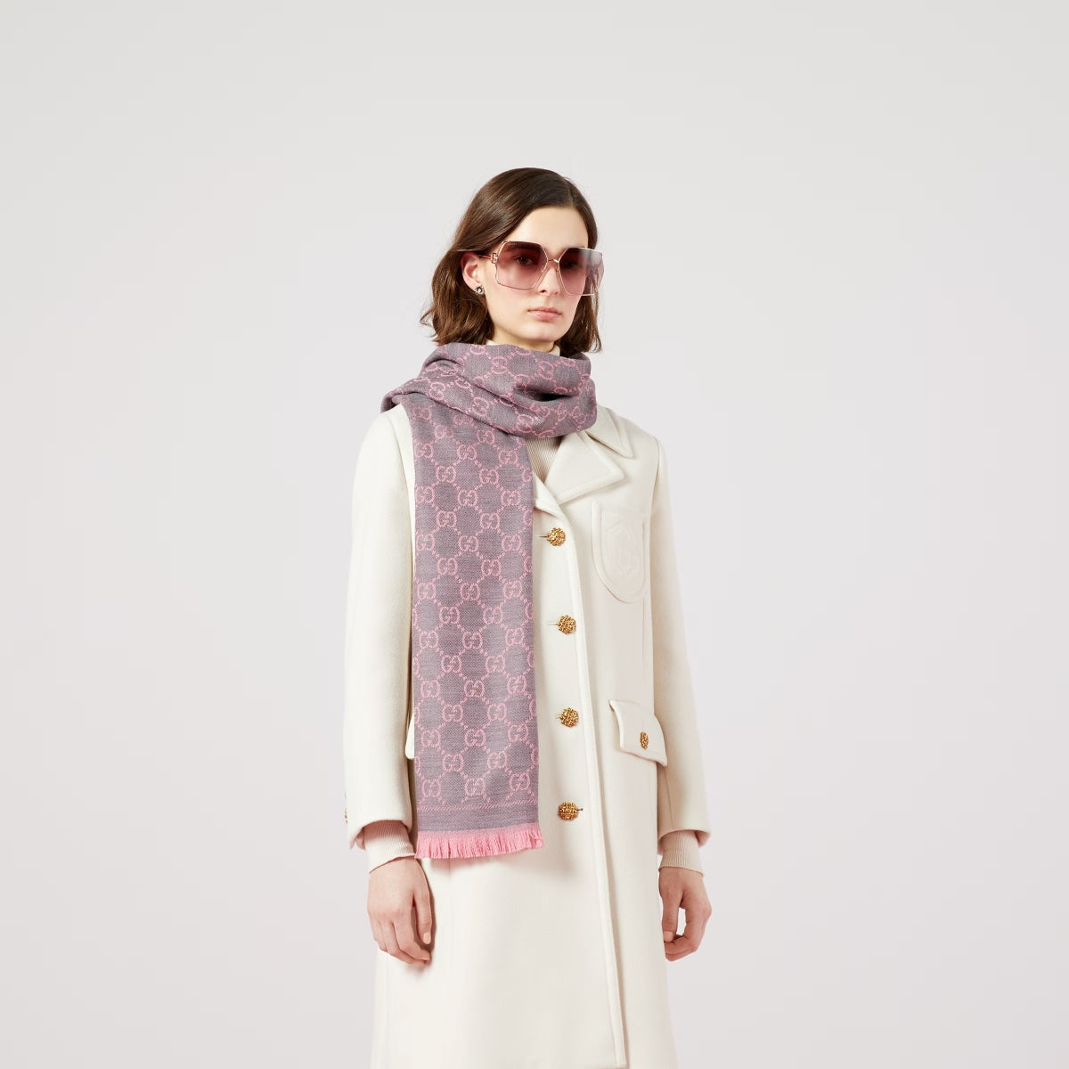 khăn choàng GUCCI GG WOOL SCARF GRAPHITE WITH PINK 133483 3G200 1272 Authentic BlankRoom Hà Nội, Việt Nam.