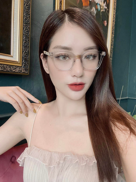 wearing GUCCI GG0184O 011 CRYSTAL CLEAR EYEGLASSES