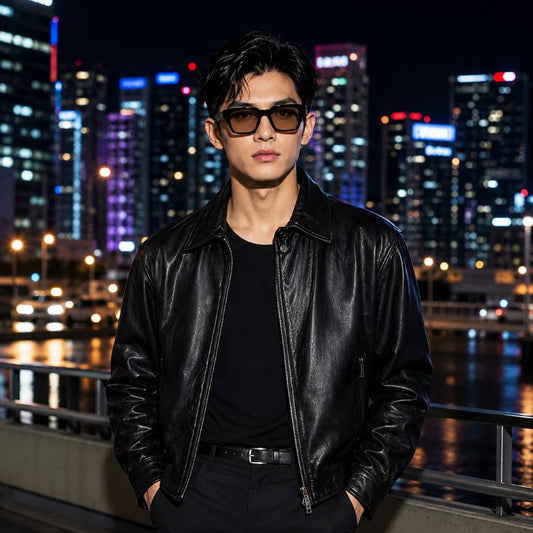 A man wearing a black leather jacket, black t-shirt, black pants, and Gucci GG0963O 005 Khaki Black Square Eyeglasses stands in front of a vibrant city skyline at night.