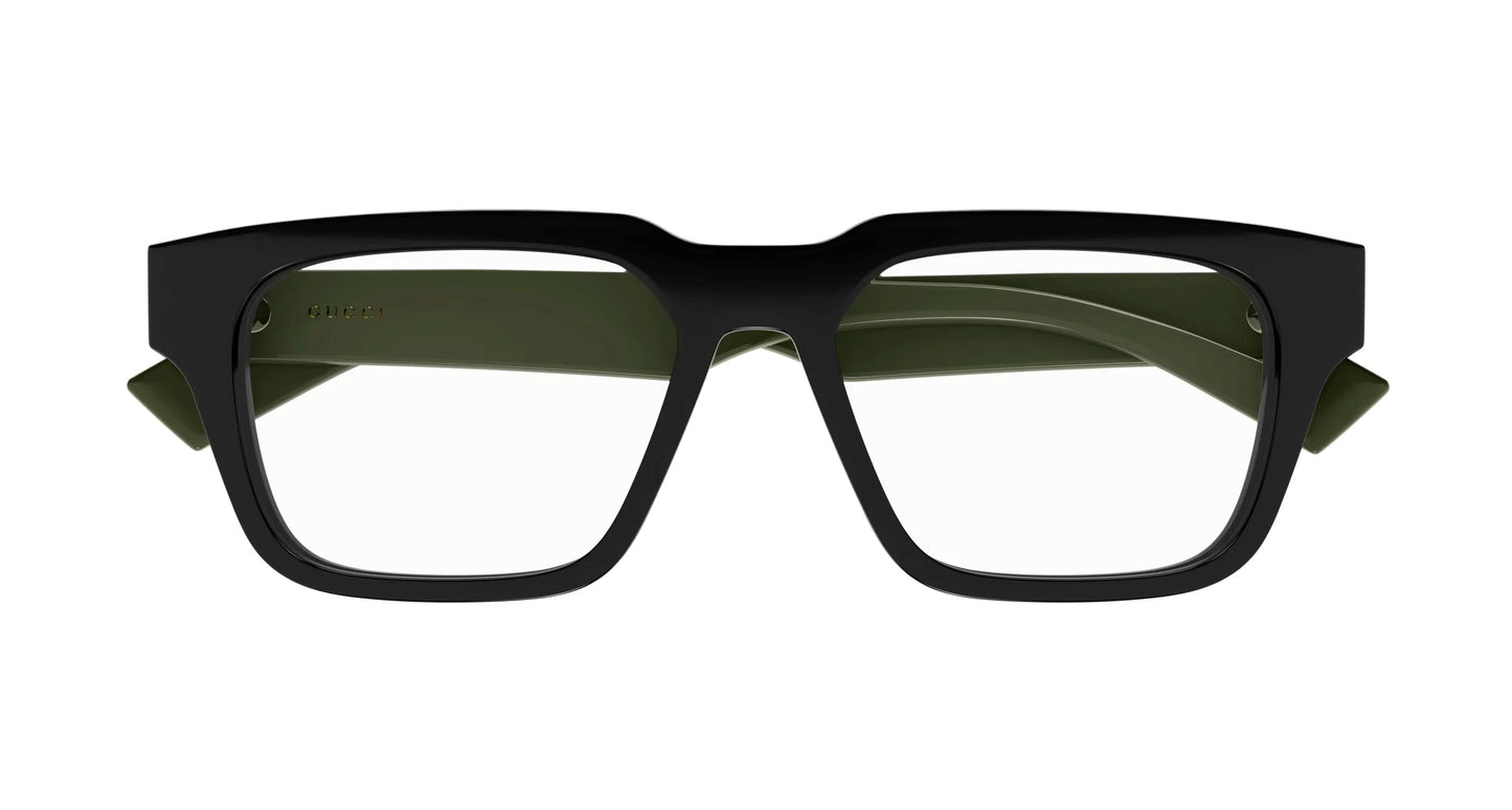 Gucci GG0963O 005 Khaki Black Square Eyeglasses with a thick black front and olive green temples, shown against a plain white background.