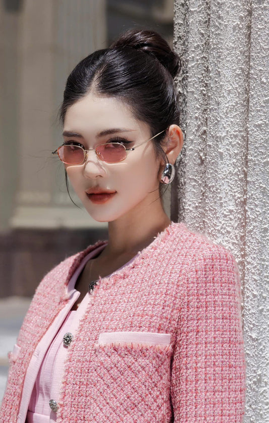 wearing GUCCI GG1648S 005 GOLD PINK MINI SUNGLASSES