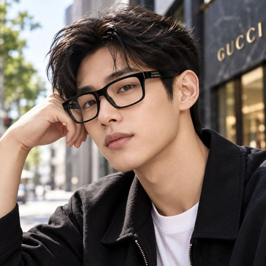 A young man wearing Gucci GG1858O Black Rectangular Eyeglasses with a small green and red Gucci logo on the temple, posing outdoors in front of a Gucci storefront.