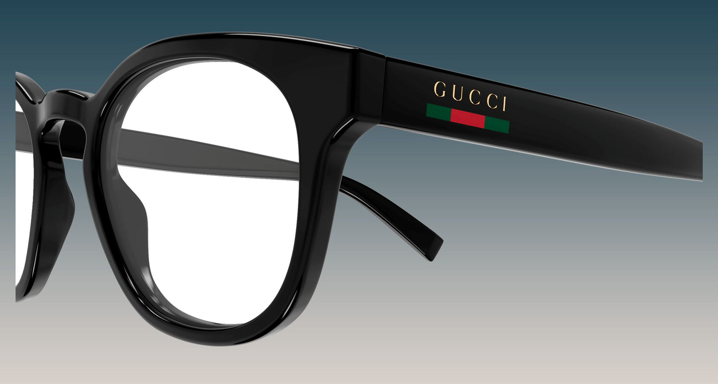 Gucci GG1859O-001 Black Square Eyeglasses frames with a gold logo and the signature green and red web stripe on the temple, shown against a gradient blue-to-gray background.