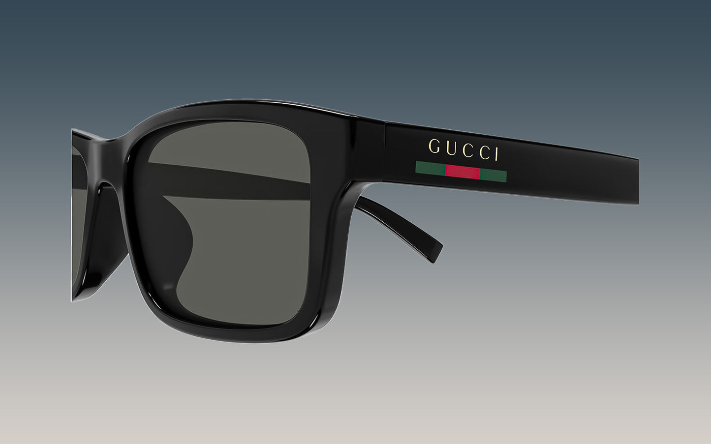 Gucci GG1986SA 001 Black Rectangular Sunglasses with a glossy black frame, dark lenses, and the iconic green and red web stripe on the temple arm with gold GUCCI lettering.