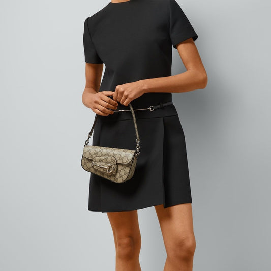 wearing Gucci Horsebit 1955 Asymmetrical Mini Shoulder Bag Beige 774209 KGD0N 9742