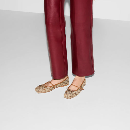 wearing Gucci Women's Horsebit Ballet Flat Beige & Dark Brown 814321 FAD6C 9745