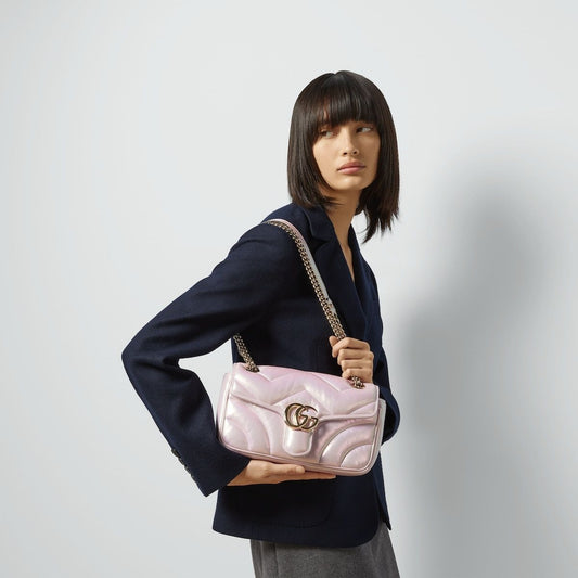 wearing Gucci GG Marmont Medium Shoulder Bag Pink Iridescent 443497 AAC2U 5826