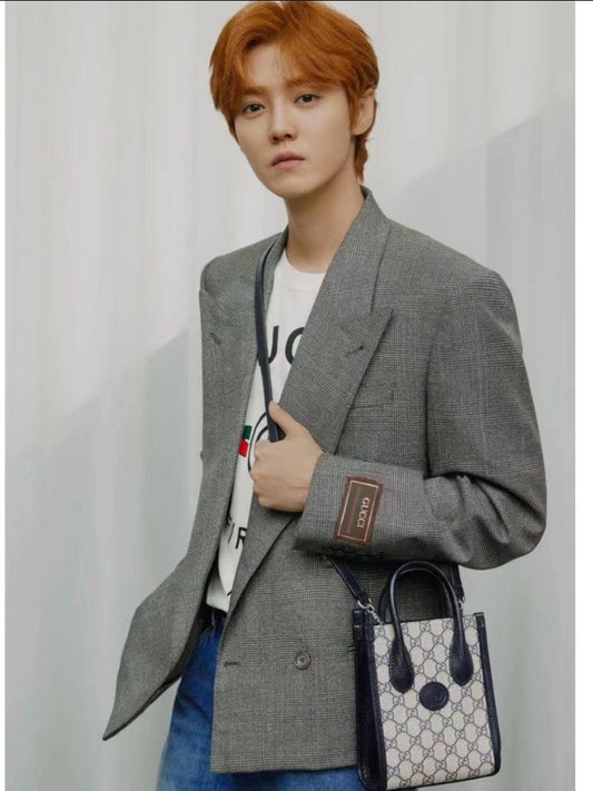 wearing GUCCI MINI TOTE BLUE BAG WITH INTERLOCKING G 671623 K9GSN 4075