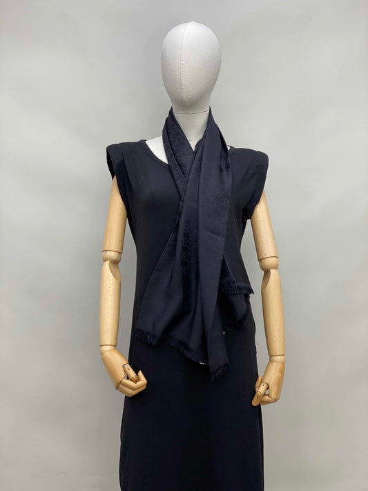 wearing GUCCI MUFFLER ALL BLACK SILK WOOL SCARF 387563 3G646 1000