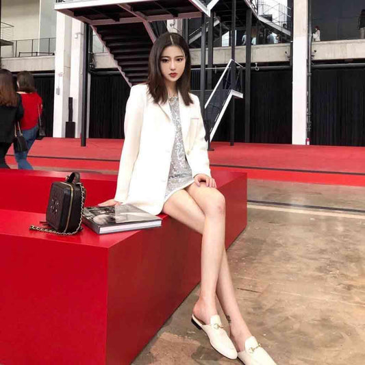 wearing GUCCI PRINCETOWN LEATHER SLIPPER WHITE LEATHER 423513 C9D00 9022