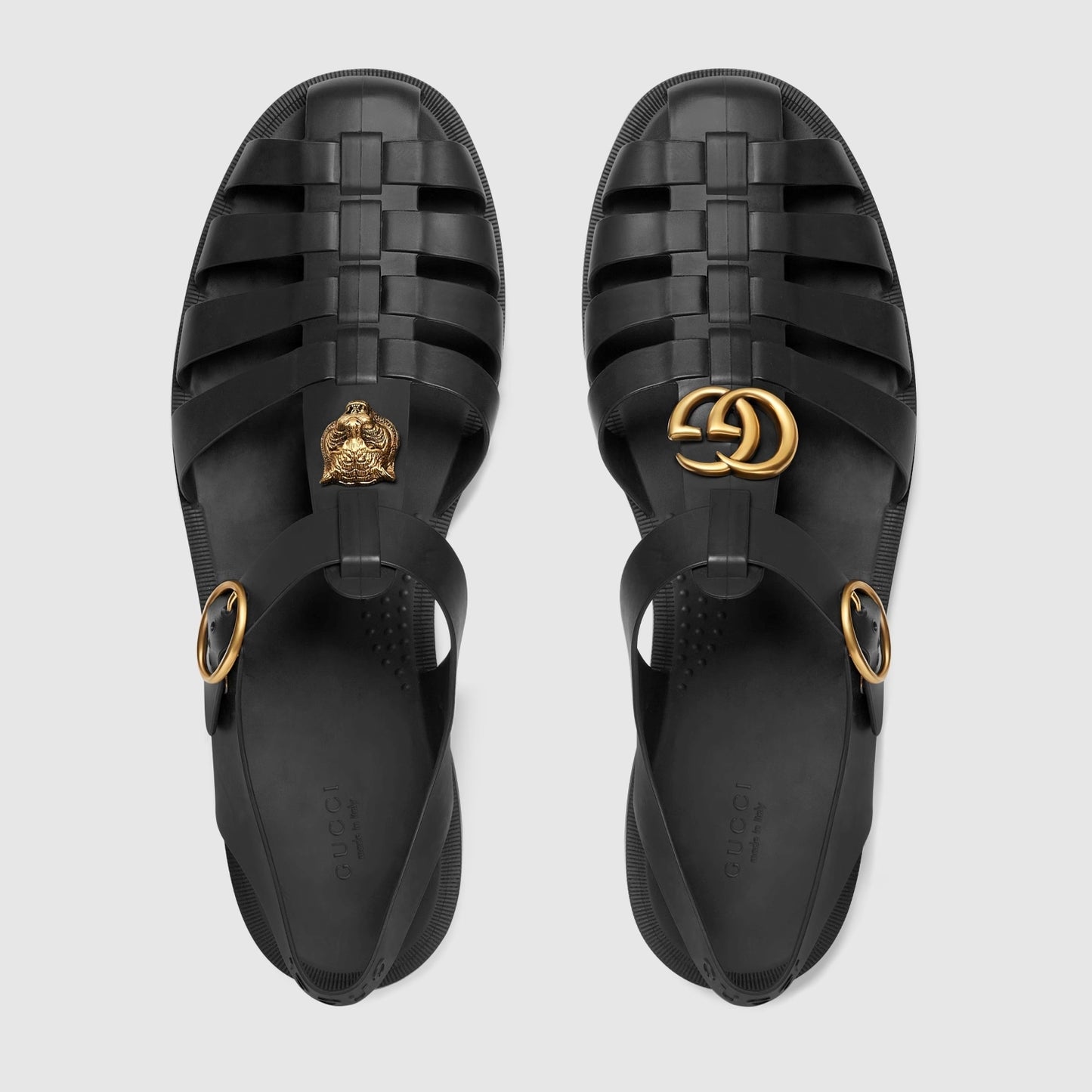tổng thể dép GUCCI RUBBER BUCKLE DOUBLE G AND FELINE STRAP SANDAL 463463 J8700 1000