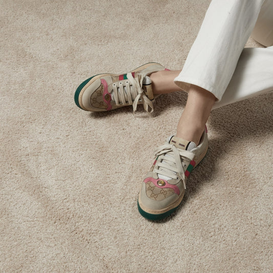 wearing GUCCI SCREENER BUTTER LEATHER SNEAKER PINK 570443 9Y920 9665