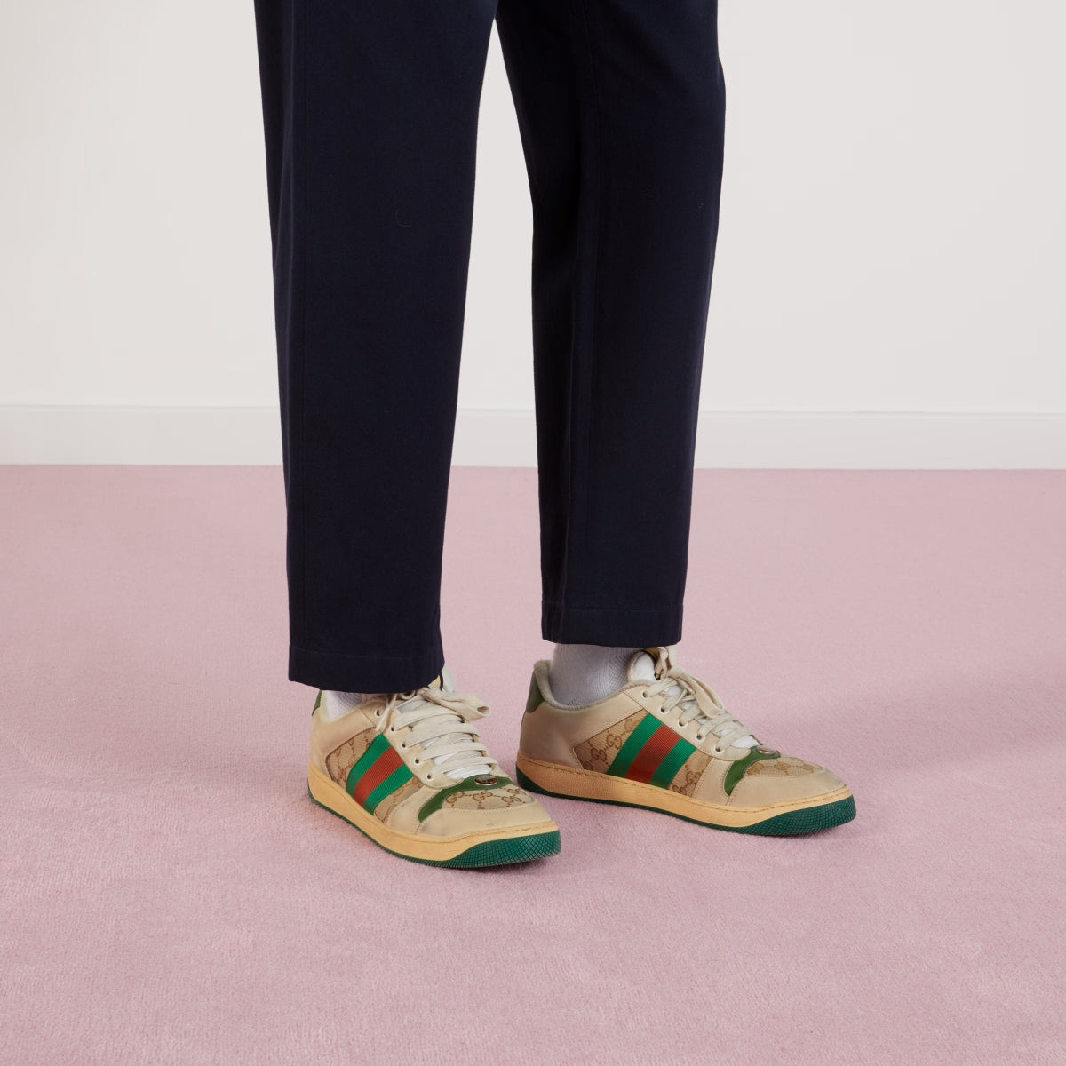 wearing GUCCI SCREENER GG SNEAKER LEATHER GG CANVAS Men: 546551 9Y920 9666 Women: 570443 9Y920 9666