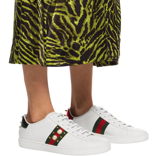 wearing GUCCI SNEAKER ACE STUDDED WITH PEARL IN WHITE 431887 A38G0 9064