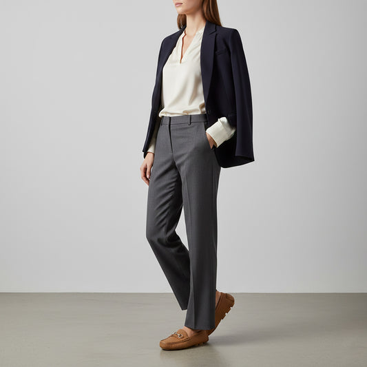 Person wearing a navy blazer, white shirt, gray pants, and Gucci Women’s Horsebit Driver Loafers Brown 815464 AAC4Q 2712 on a plain background