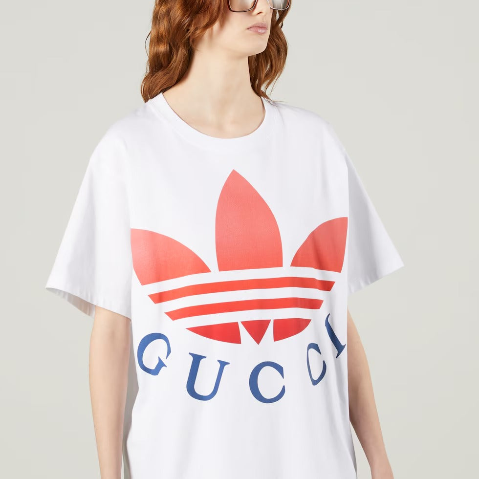 wearing GUCCI X ADIDAS LOGO PRINT T-SHIRT WHITE 723384 XJE2A 9280