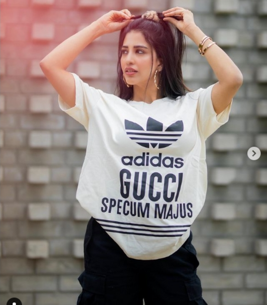 wearing GUCCI X ADIDAS SPECULUM MAJUS BLACK T-SHIRT IN WHITE 616036 XJEW1 9095