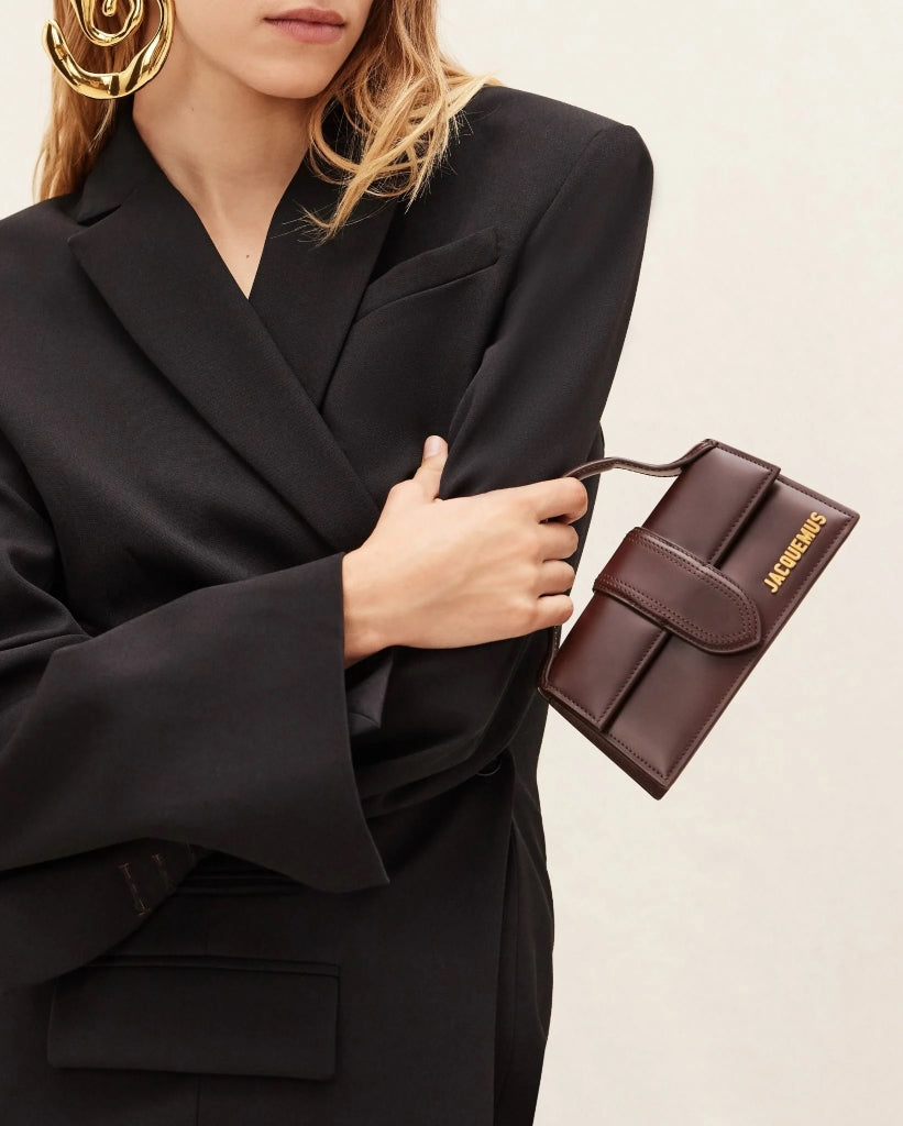 wearing JACQUEMUS LE BAMBINO DARK BROWN 213BA006-3100-850