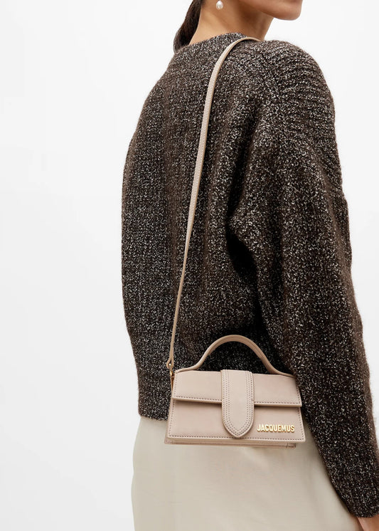 wearing JACQUEMUS LE BAMBINO SUEDE DARK BEIGE 213BA006-3066-180