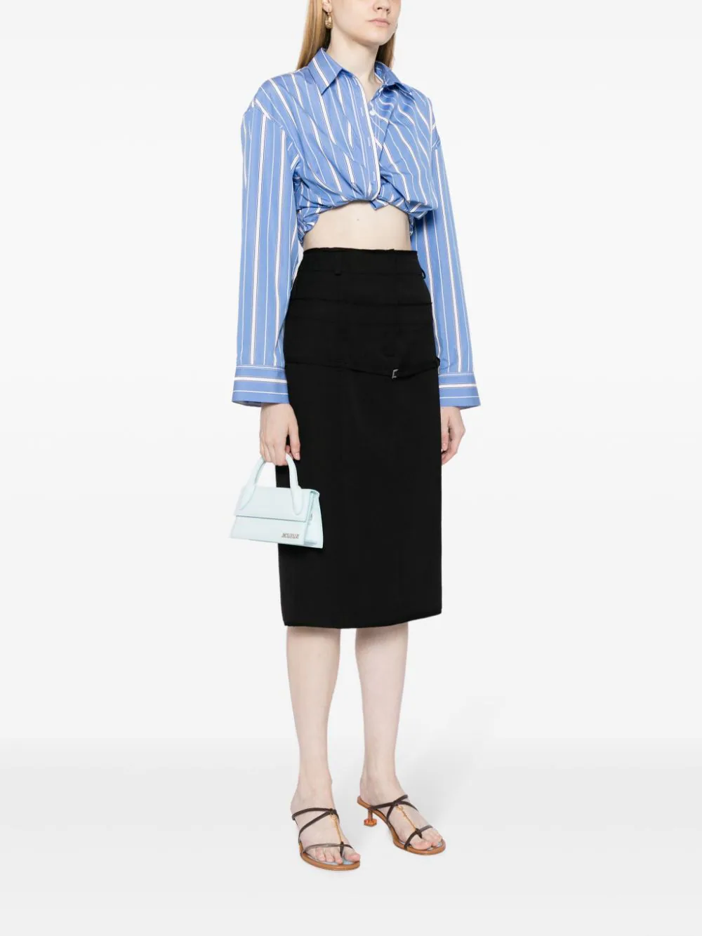 wearing JACQUEMUS LE CHIQUITO LONG LIGHT BLUE 213BA004-3102-320
