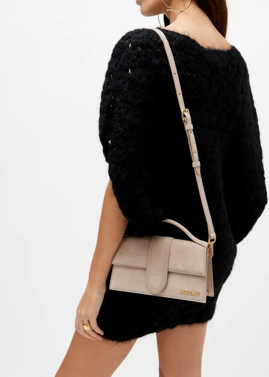 wearing JACQUEMUS LE GRAND BAMBINO SUEDE DARK BEIGE 213BA007-3066-180