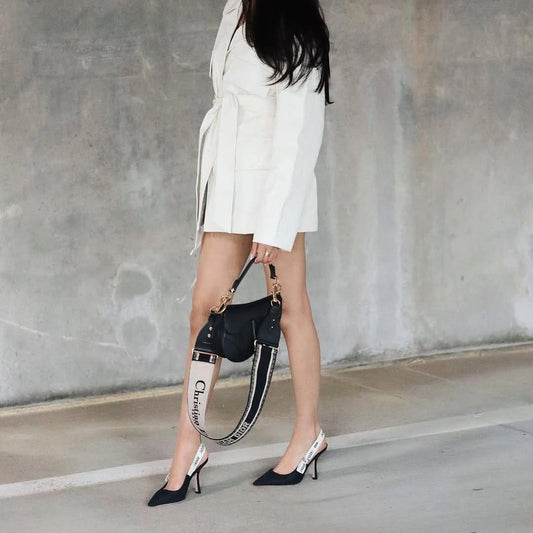 wearing J'ADIOR SLINGBACK PUMP BLACK EMBROIDERED SATIN AND COTTON KCP920SEM_S900