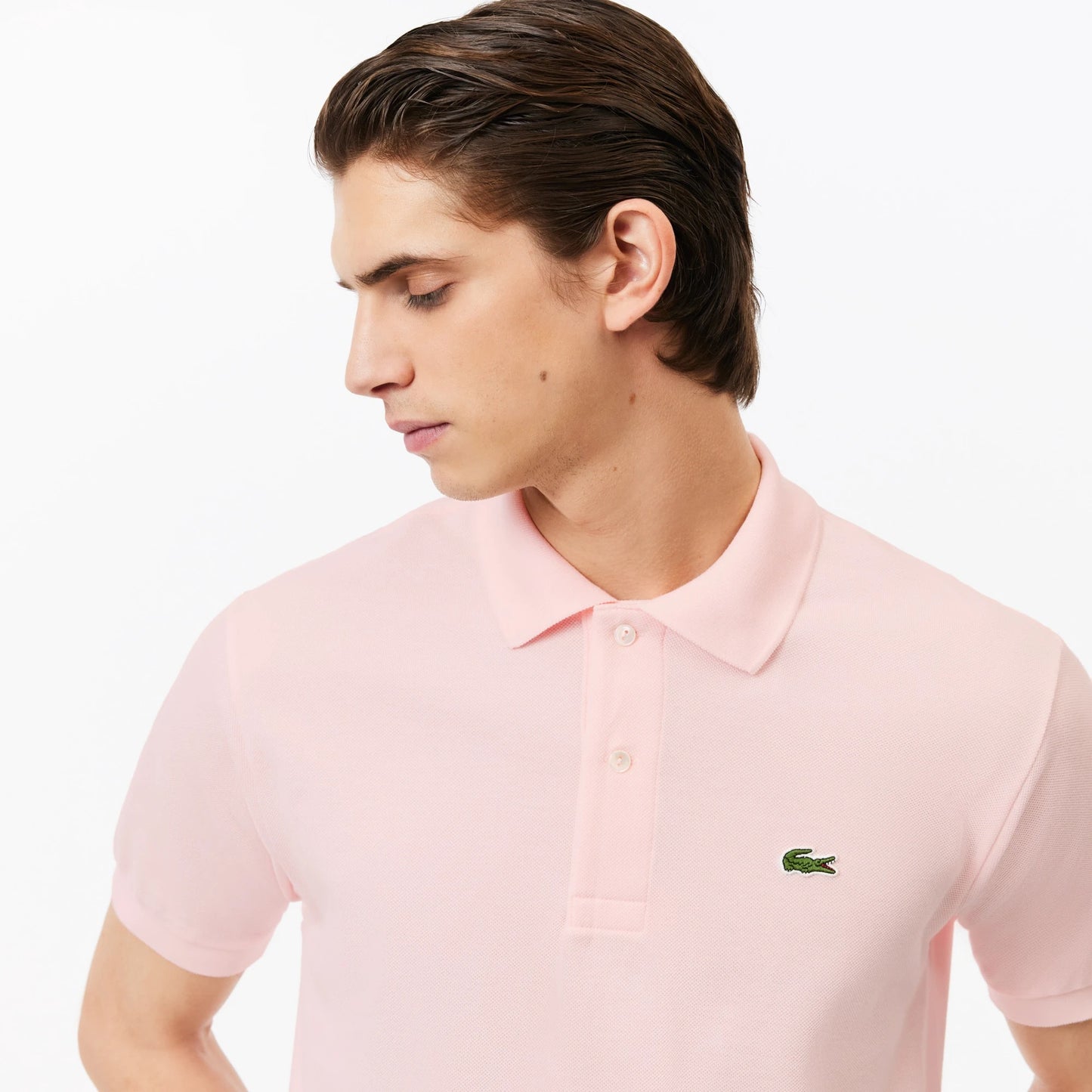 wearing LACOSTE CLASSIC FIT L.12.12 ORIGINAL PIQUÉ POLO SHIRT LIGHT PINK