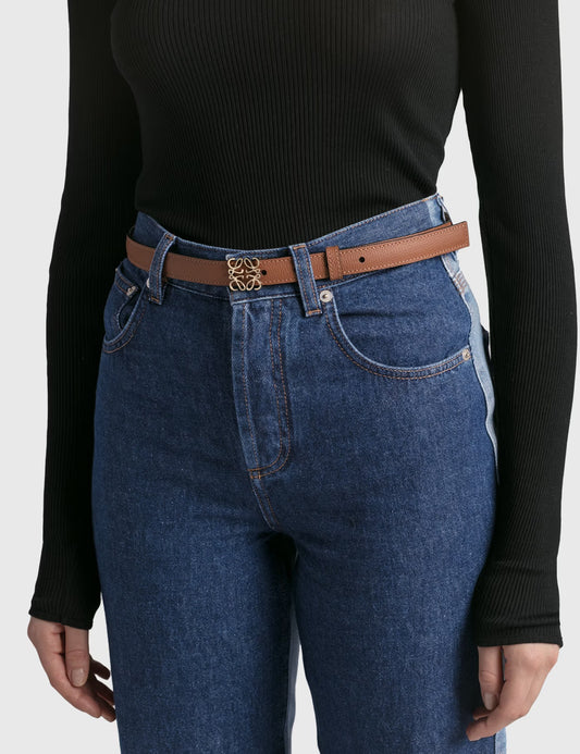 wearing Loewe Anagram Belt in Pebble Grain Calfskin – Tan/Gold E619Z15X03-2526