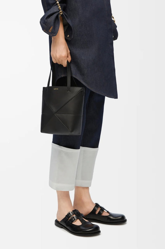 wearing Loewe Mini Puzzle Fold Tote in Shiny Calfskin – Black A657V25X01-1100