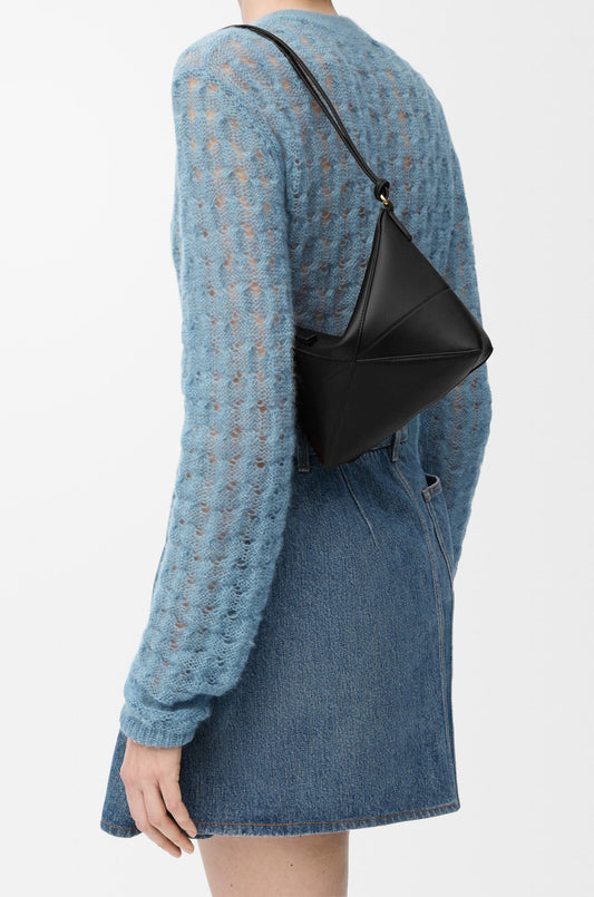 wearing Loewe Puzzle Fold Pouch Shiny Nappa Calfskin Black C510PT1X01-1100