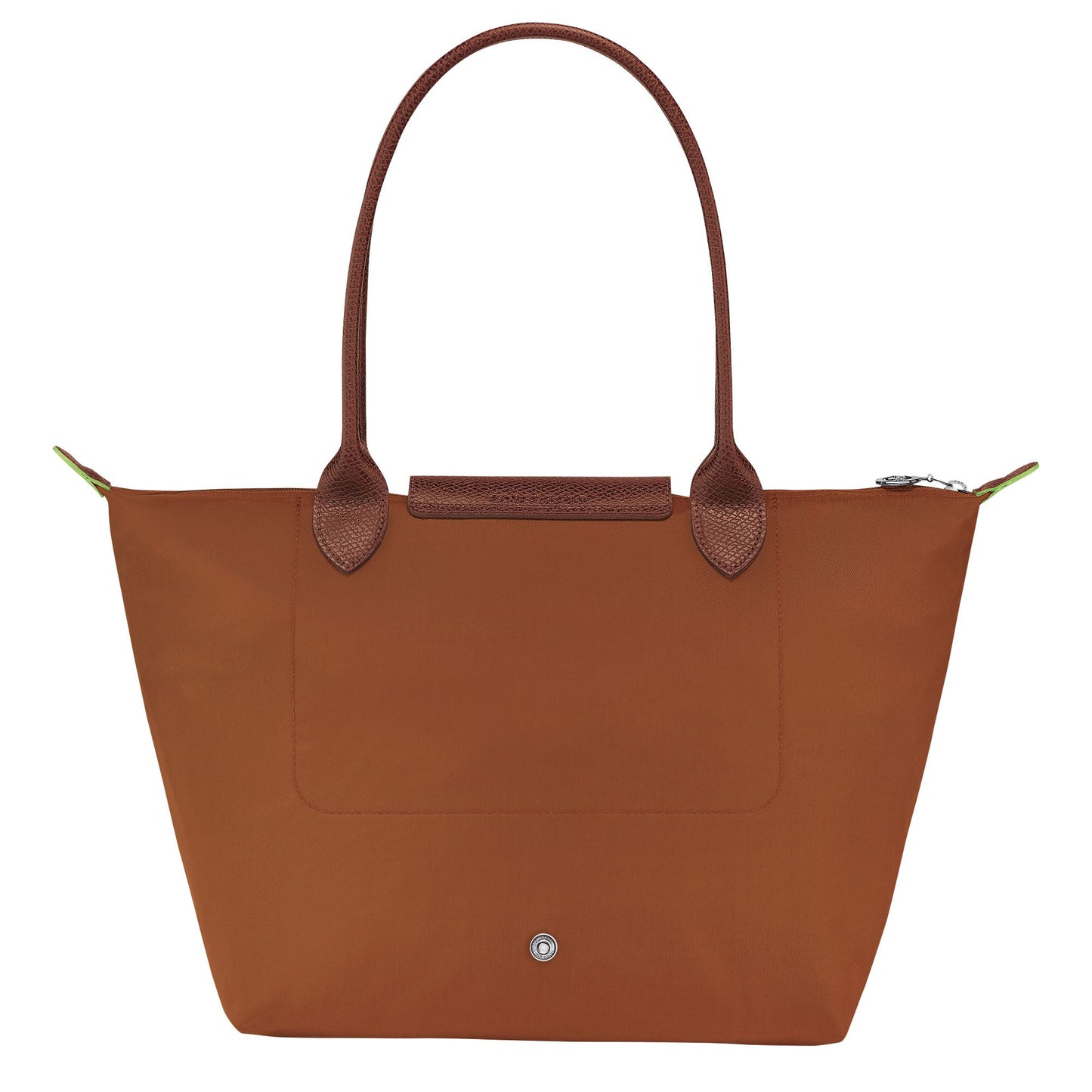 Behind Longchamp Le Pliage Green M Tote Bag – Cognac L2605919504 with leather handles on a white background