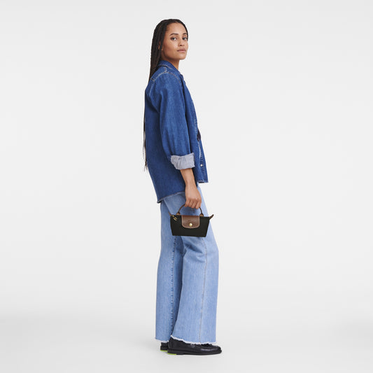 wearing LONGCHAMP LE PLIAGE ORIGINAL POUCH WITH HANDLE BLACK RECYCLED CANVAS 34175089001