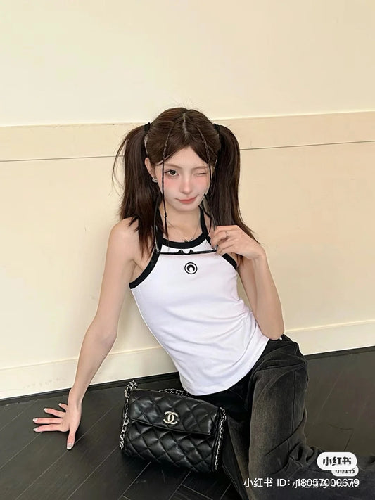 mẫu mặc áo MARINE SERRE COTTON RIBBED JERSEY TANK TOP WHITE