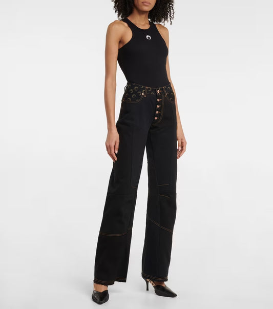 mẫu mặc áo MARINE SERRE MOON RIBBED-KNIT TANK TOP BLACK