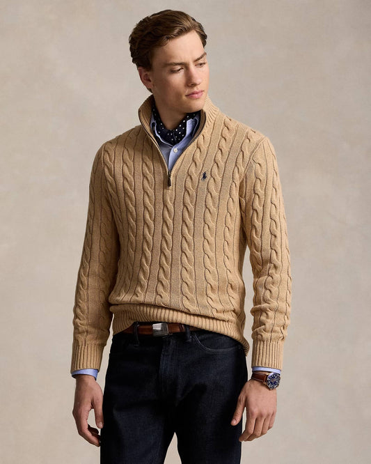 wearing Polo Ralph Lauren Men Cable-Knit Cotton Quarter-Zip Jumper Camel Melange 546351 710810841003